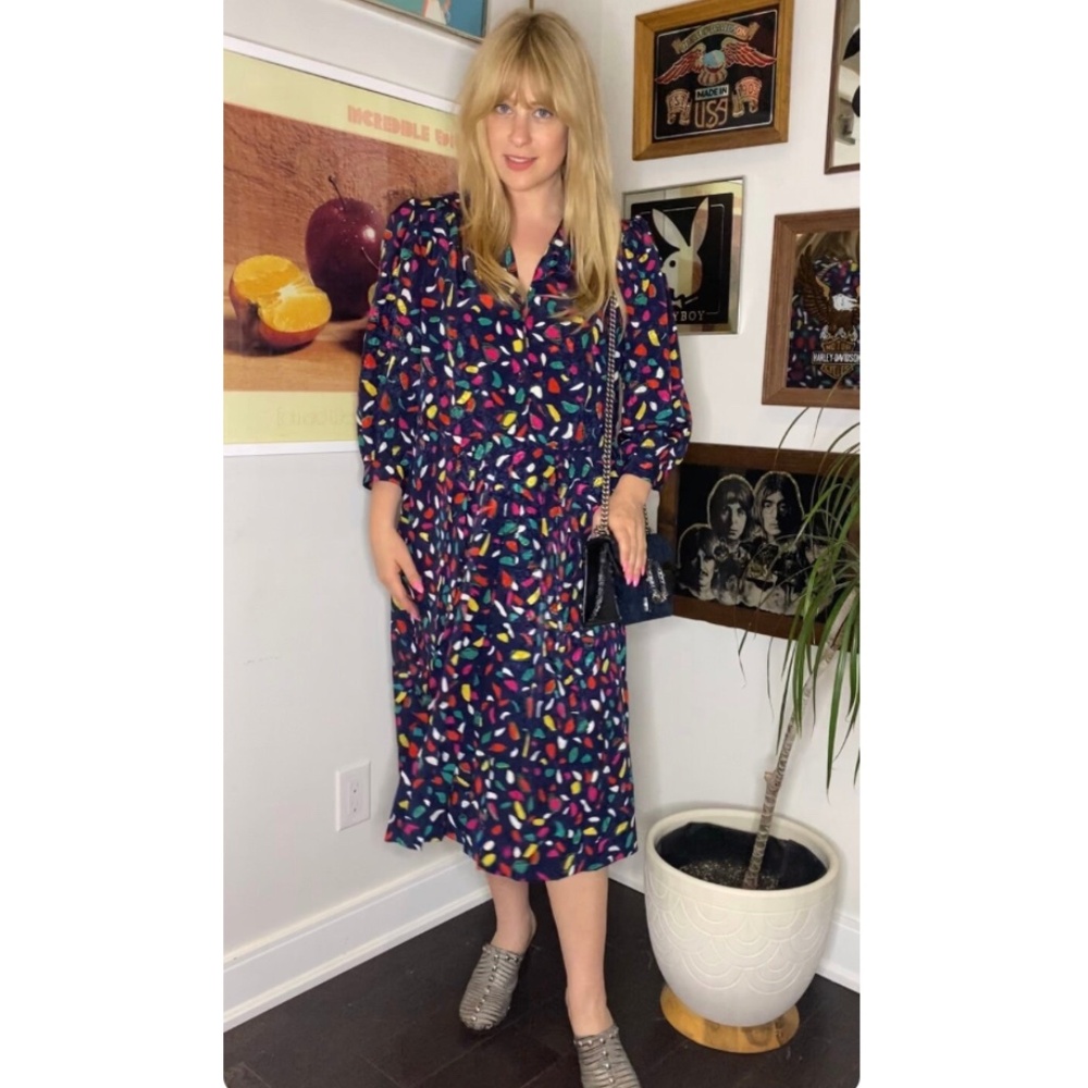 Vintage Navy Multicoloured Satin Long Sleeve Dotted Dress • Made in Canada - M/L